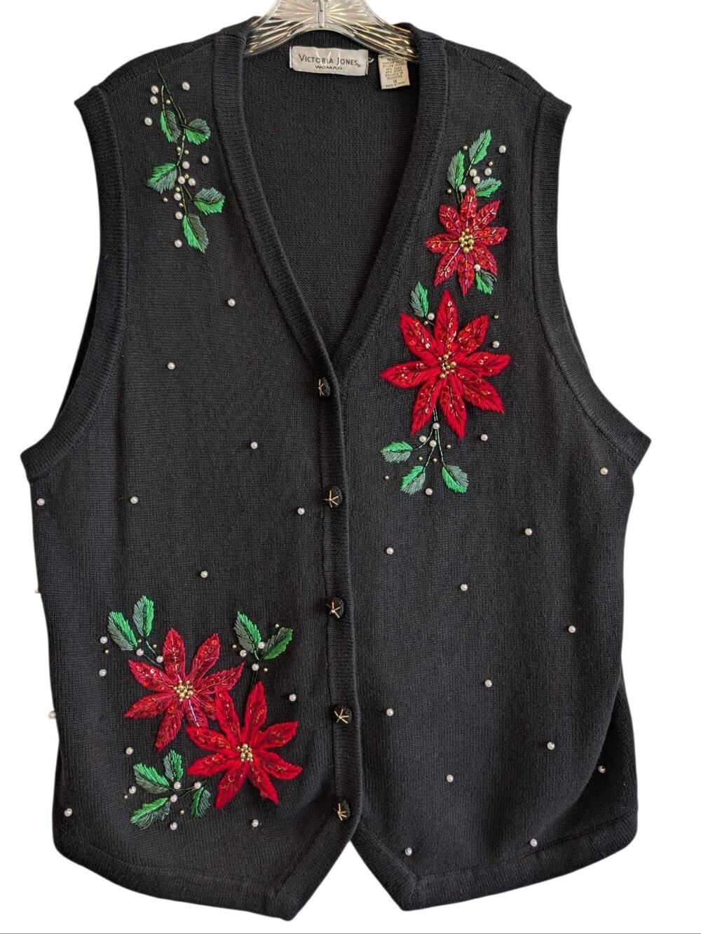 Vtg Victoria Jones Christmas Embroidered Beaded Black Sweater Vest Black Size 1X